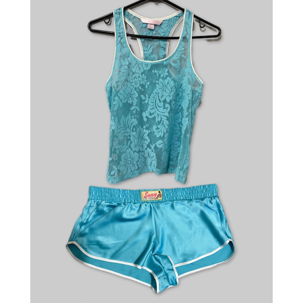 Vintage Victoria's Secret Y2K Blue Lace Tank & Satin Shorts Pajama Set Small